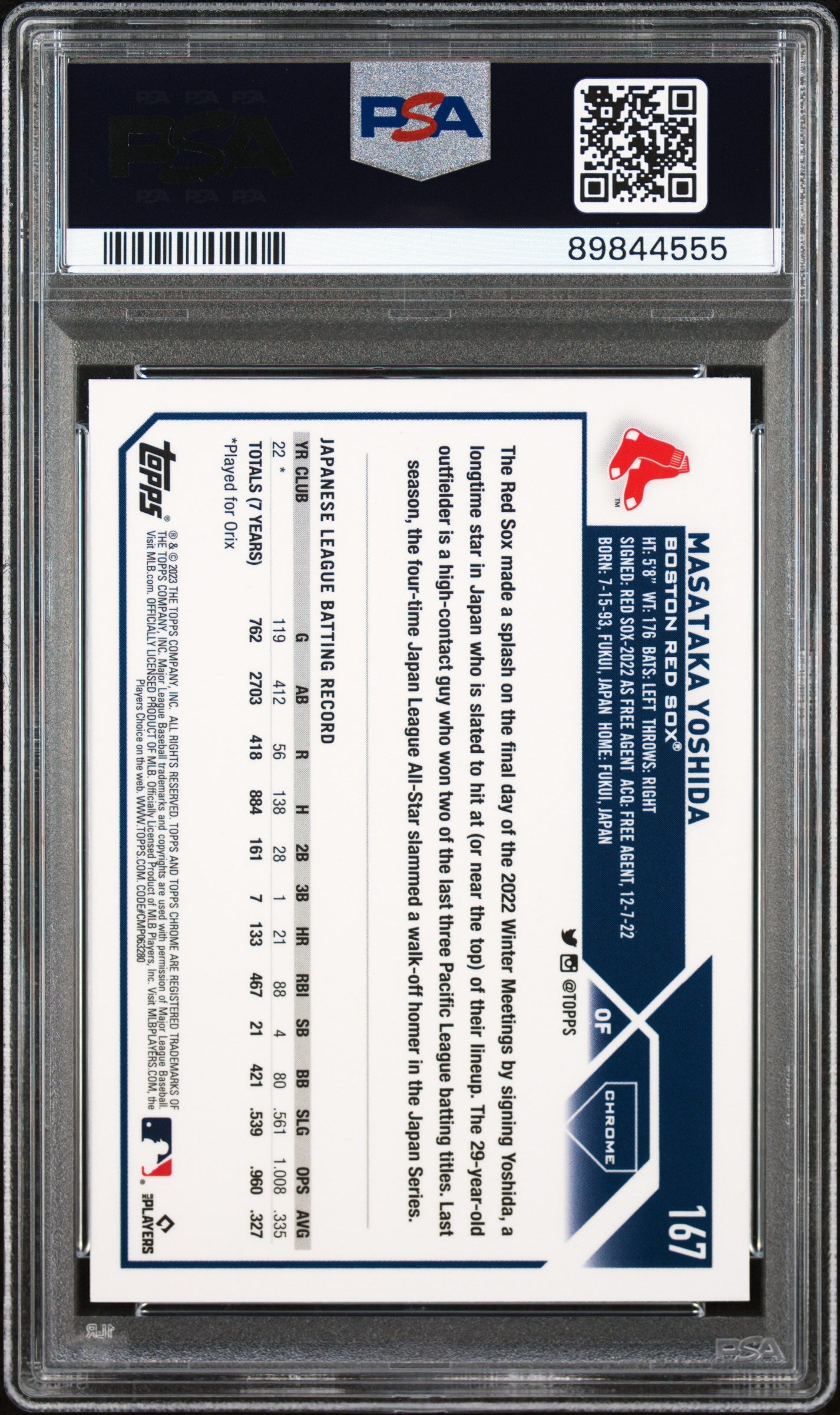 2023 Topps Chrome Logofractor Edition Masataka Yoshida Rookie #167 PSA 10 - Graded Sports Cards