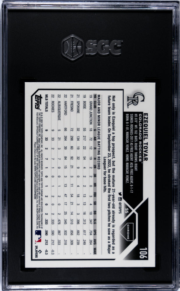 2023 Topps Chrome Logofractor Ezequiel Tovar Rookie #106 SGC 9 Colorado Rockies Graded Sports Cards