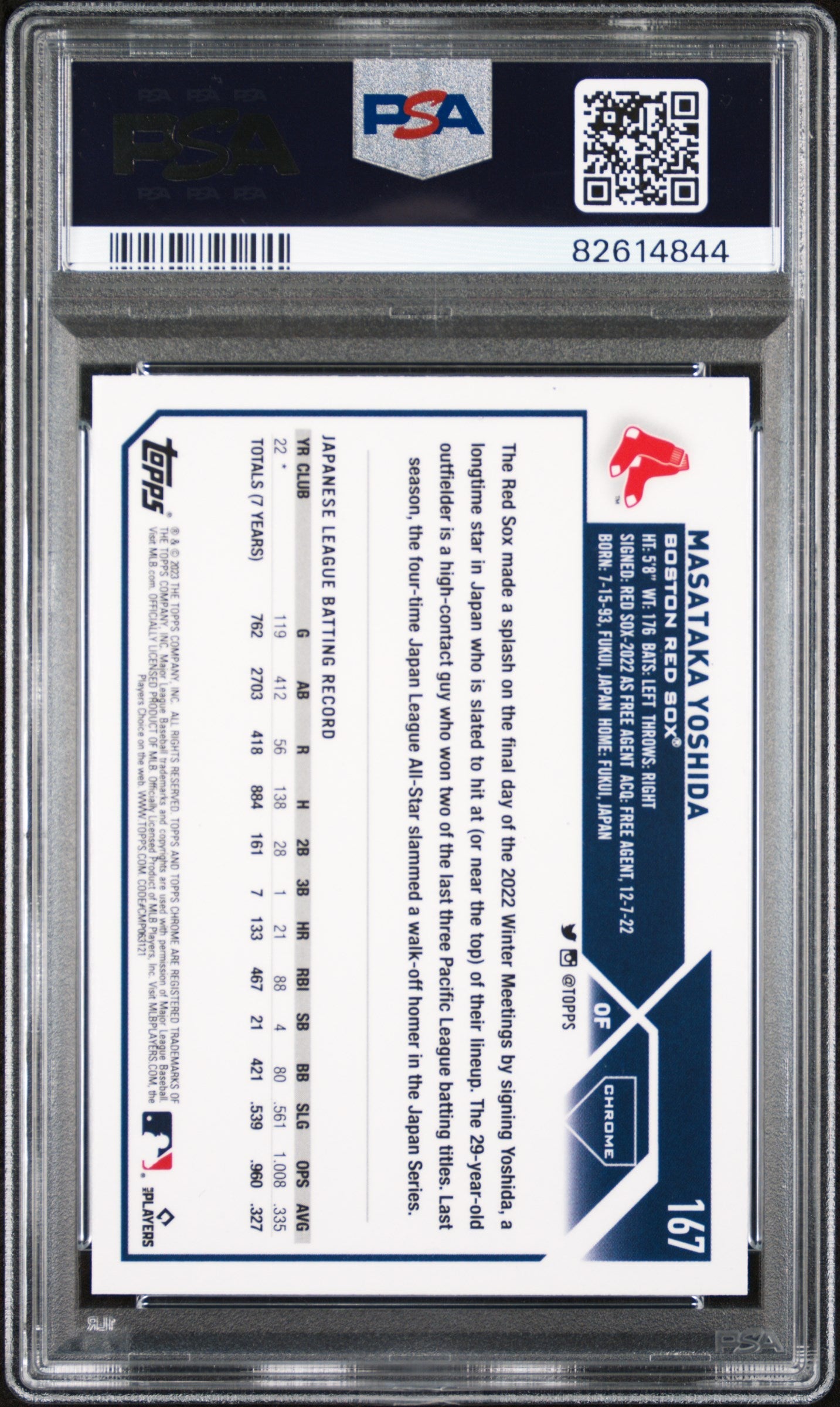 2023 Topps Chrome Masataka Yoshida #167 PSA 10 - Graded Sports Cards