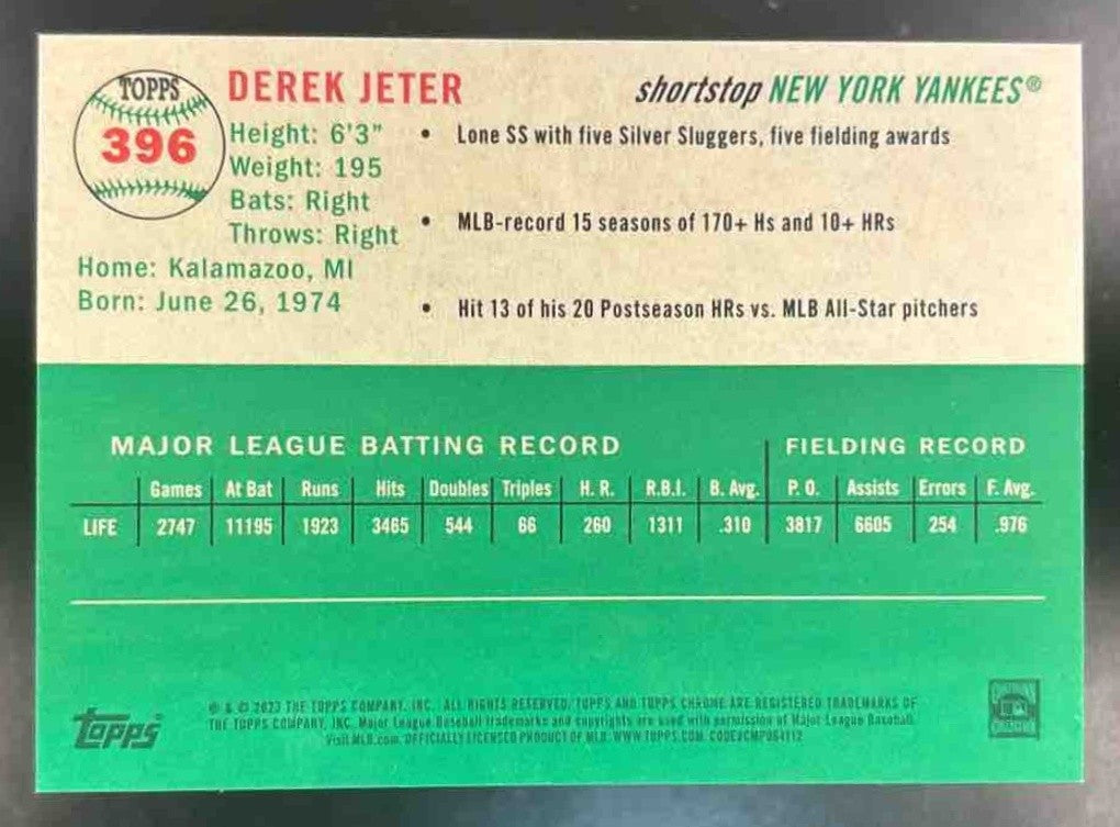 2023 Topps Chrome Platinum Anniversary Derek Jeter Blue Diamond /199 #396 Yankee - Sports Cards