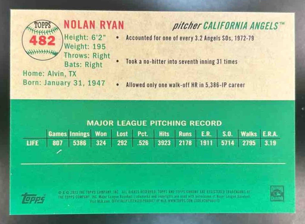 2023 Topps Chrome Platinum Anniversary Nolan Ryan Toile White/Green /99 #482 - Sports Cards