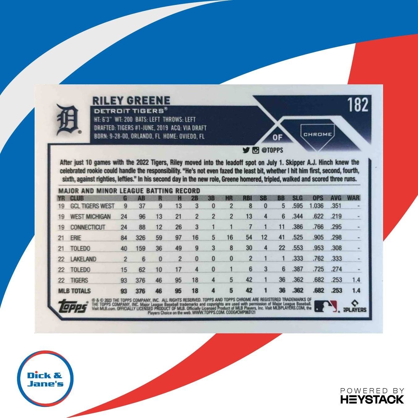 2023 Topps Chrome Riley Greene #182 RC Detroit Tigers - Sports Cards