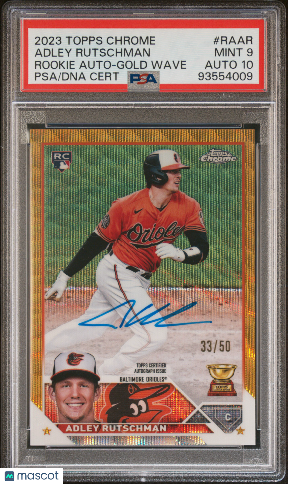 2023 Topps Chrome Rookie Autograph Adley Rutschman Gold Wave Ref #RAAR PSA 9 - Graded Sports Cards