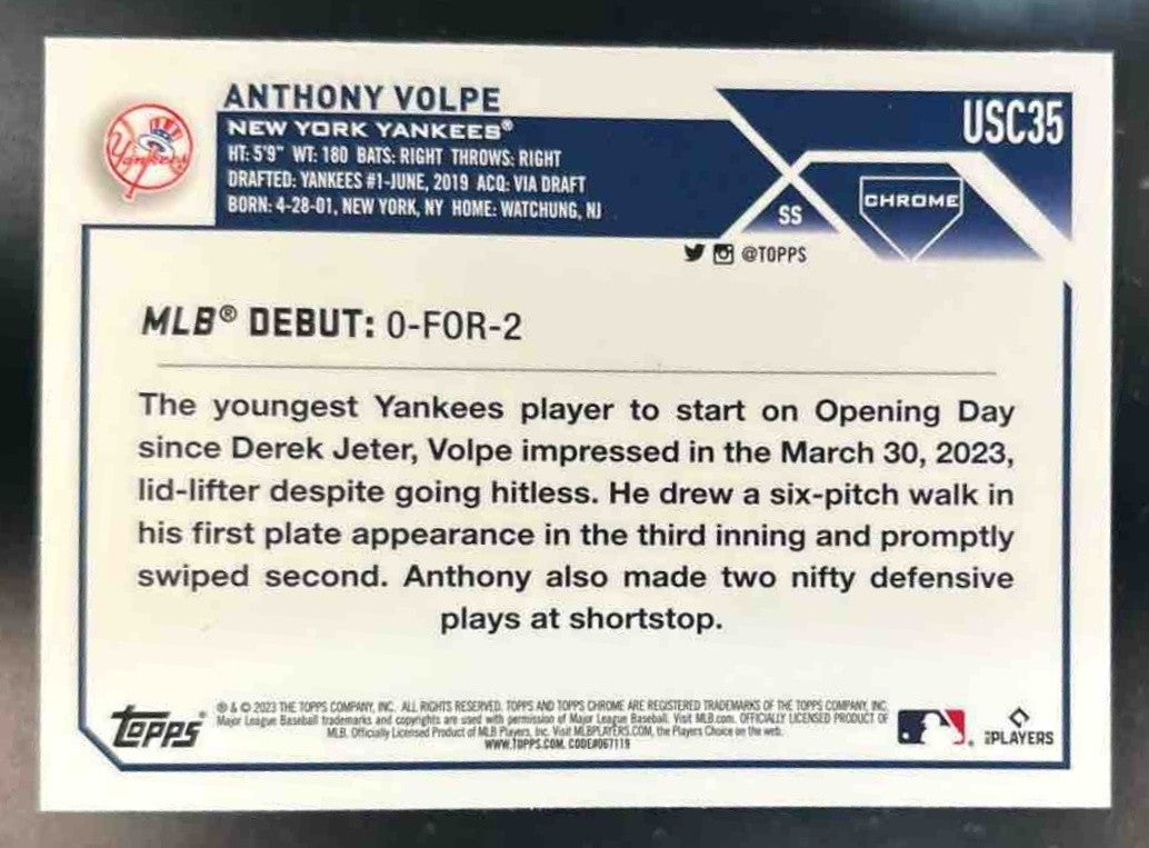 2023 Topps Chrome Update Anthony Volpe Prism Refractor USC35 RC New York Yankees - Sports Cards