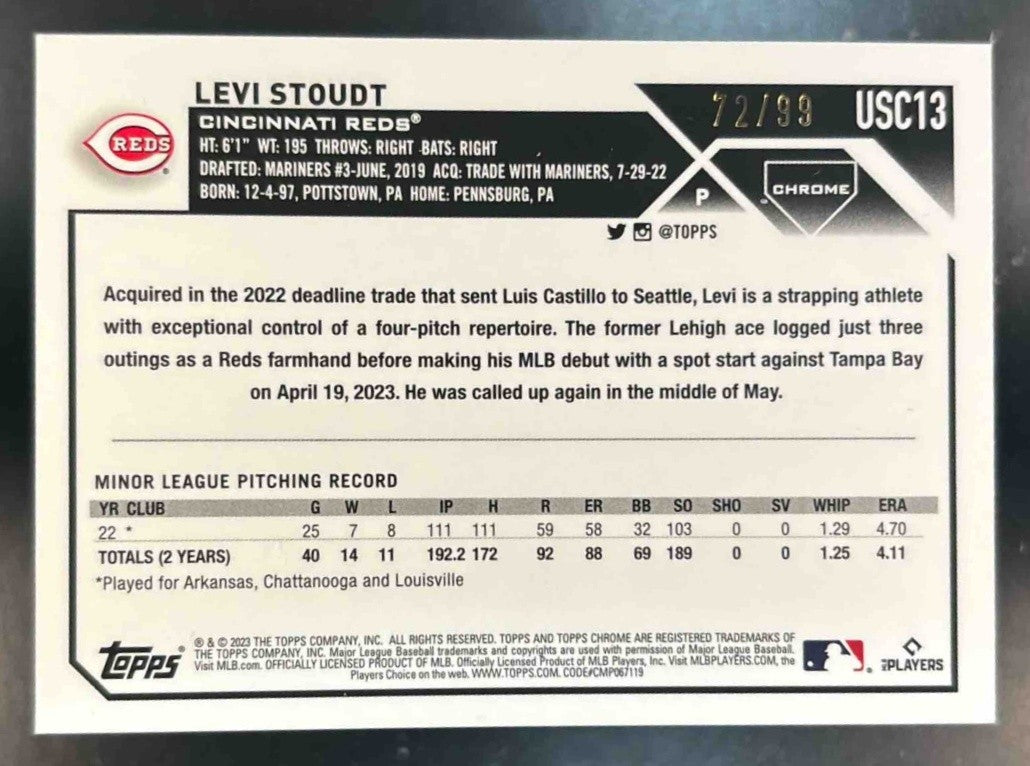 2023 Topps Chrome Update Levi Stoudt Green /99 #USC13 RC Cincinnati Reds - Sports Cards