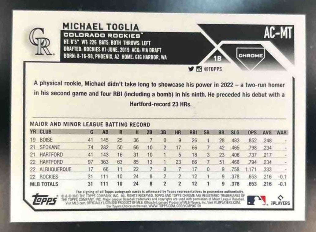 2023 Topps Chrome Update Michael Toglia Auto #AC-MT RC Colorado Rockies - Sports Cards