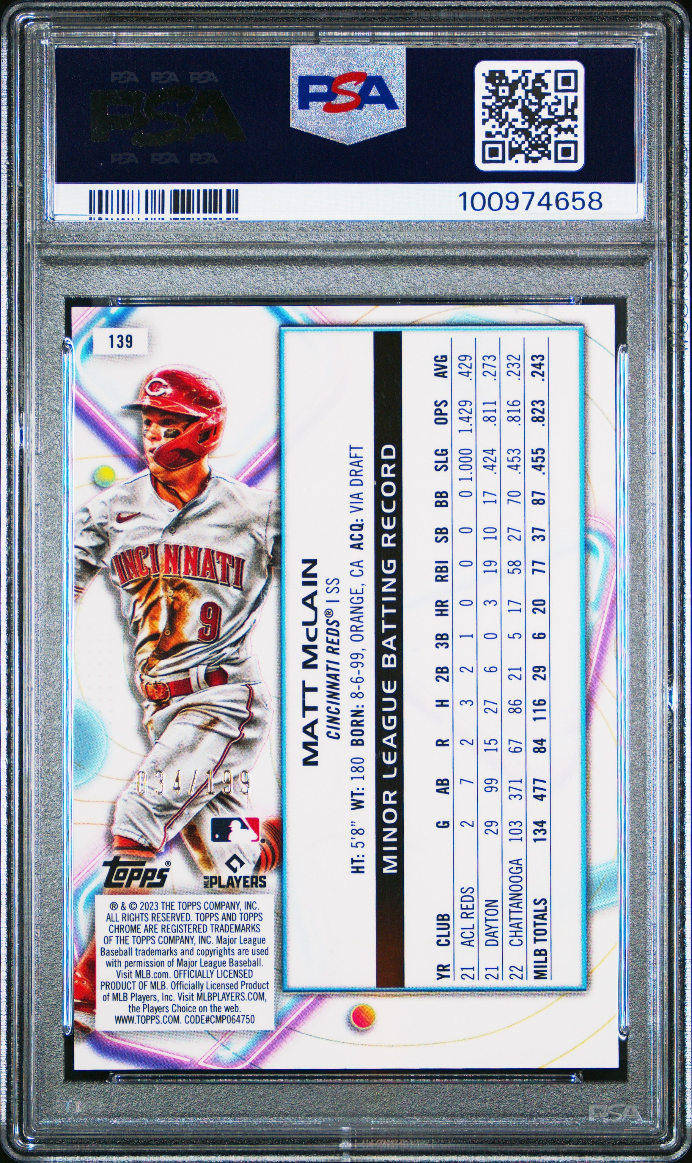 2023 Topps Cosmic Chrome Matt Mclain Aqua Equinox Refractor /199 #139 PSA 9 Reds - Graded Sports Cards
