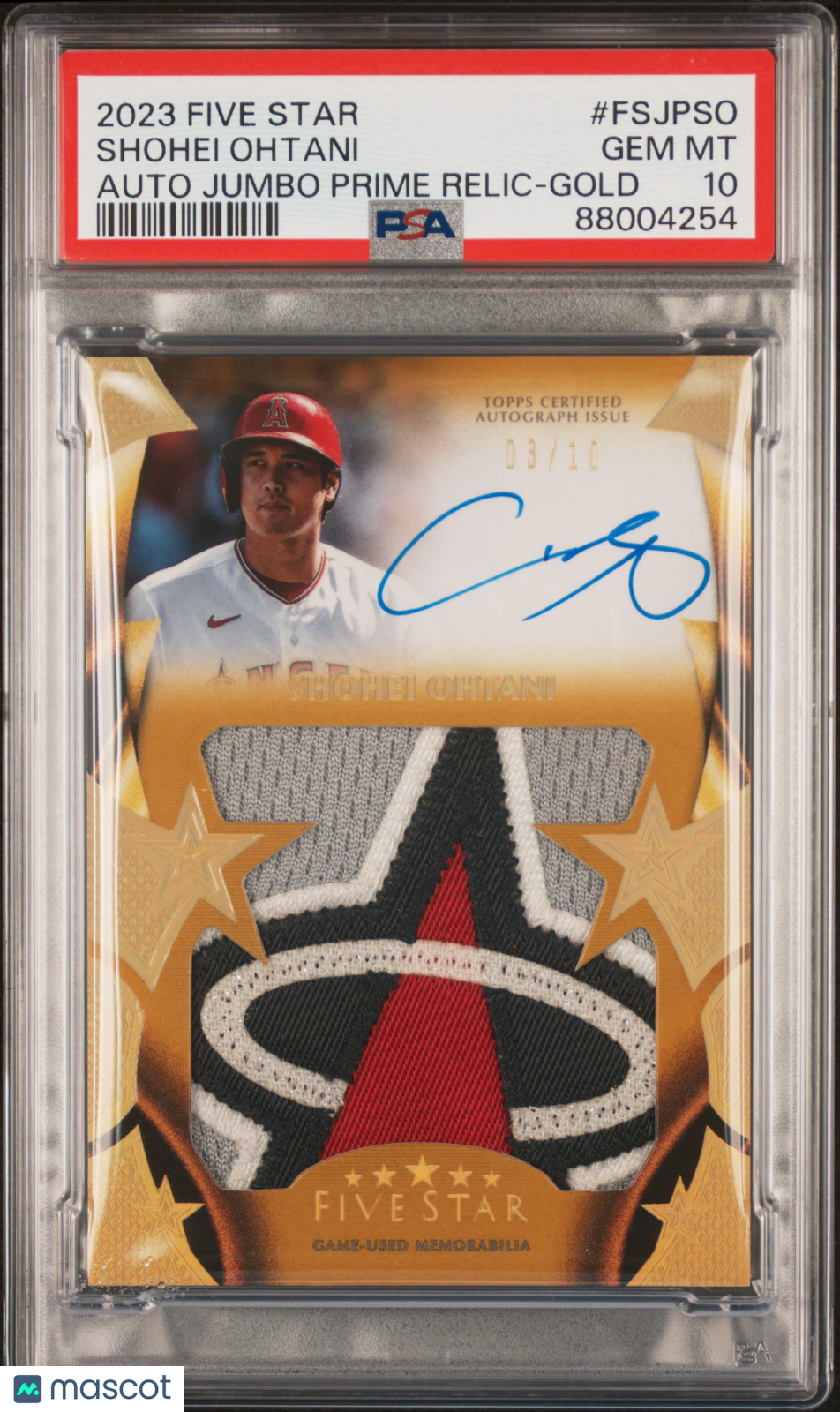 2023 Topps Five Star Autographed Jumbo Prime Relics Shohei Ohtani Gold/10 PSA 10 Graded Sports Cards