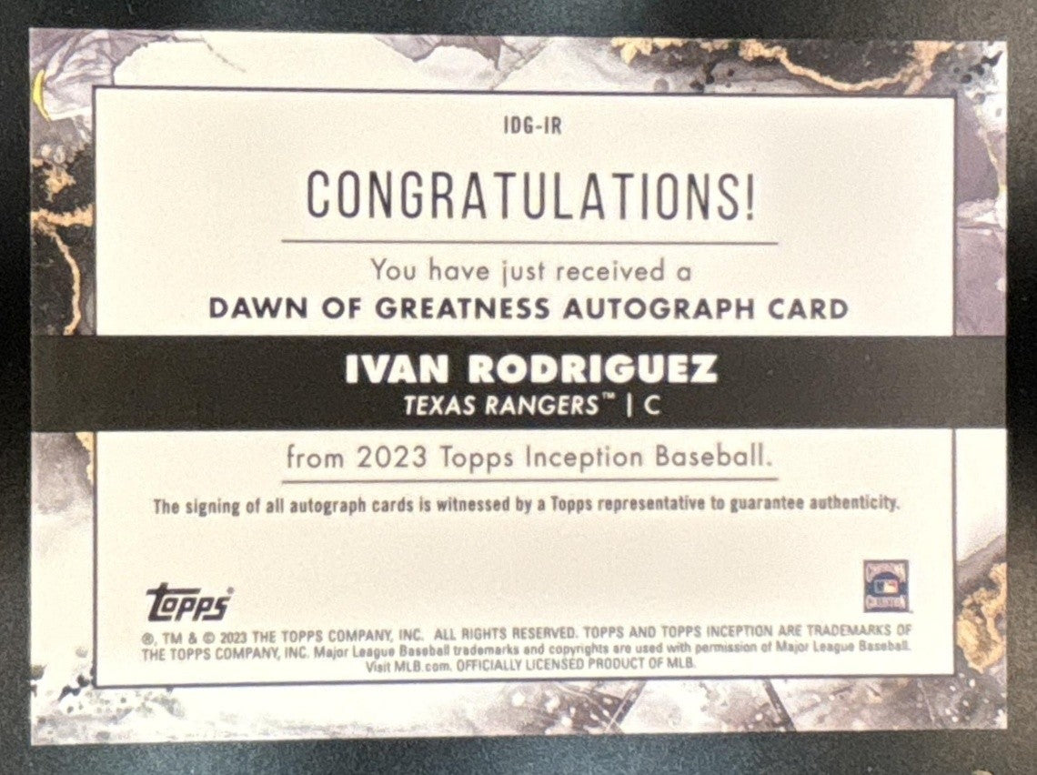 2023 Topps Inception Ivan Rodriguez Dawn of Greatness Auto /20 Texas Rangers - Sports Cards