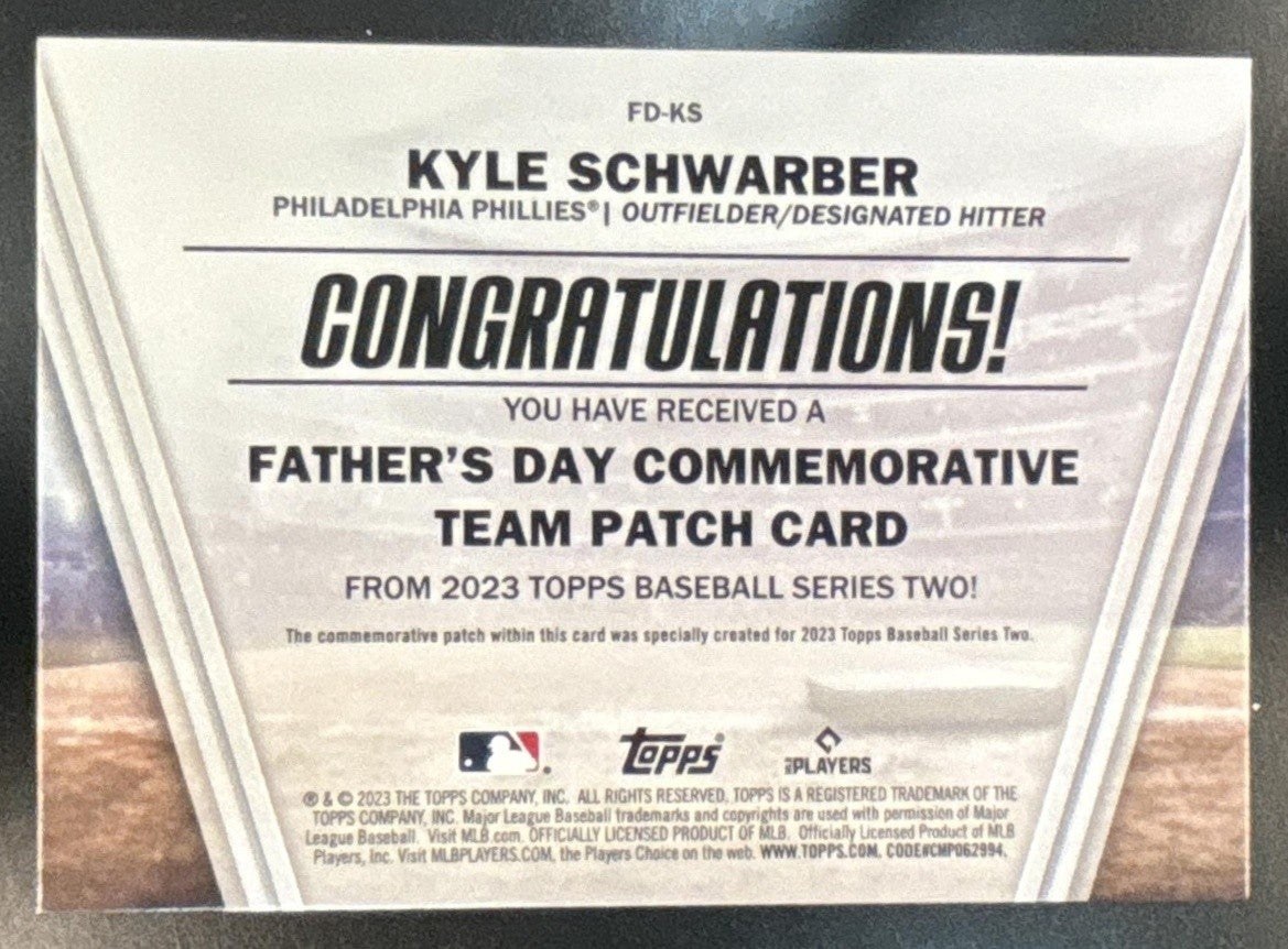 2023 Topps Kyle Schwarber Father’s Day Commemorative Team Patch Phillies - Sports Cards