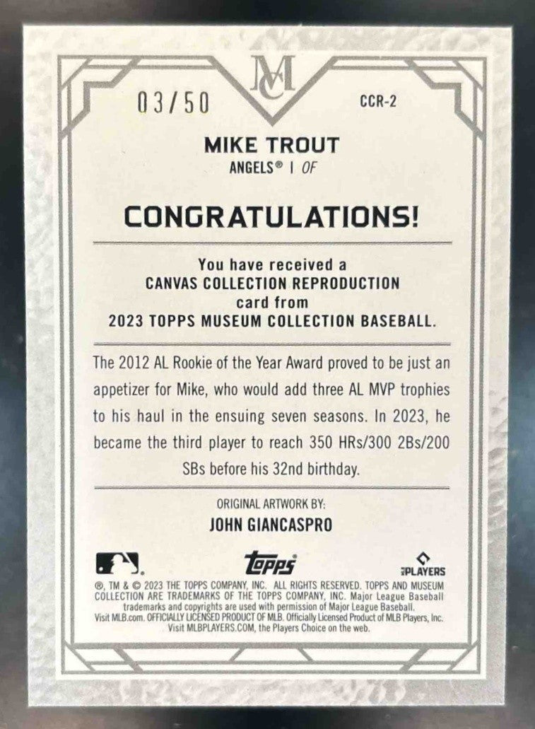 2023 Topps Museum Collection Mike Trout Canvas Reprints /50 Los Angeles Angels - Sports Cards
