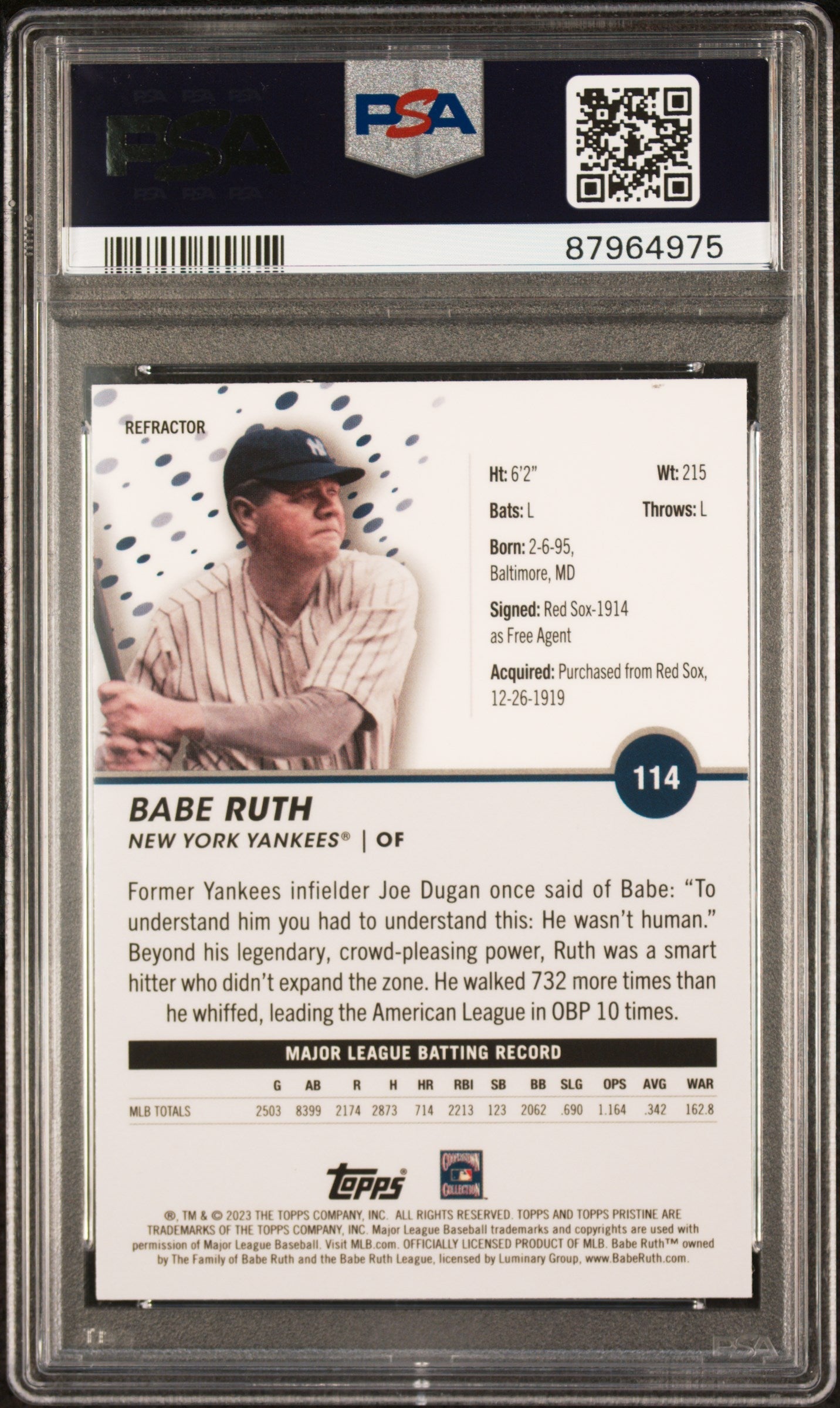 2023 Topps Pristine Babe Ruth Refractor #114 PSA 10 - Graded Sports Cards