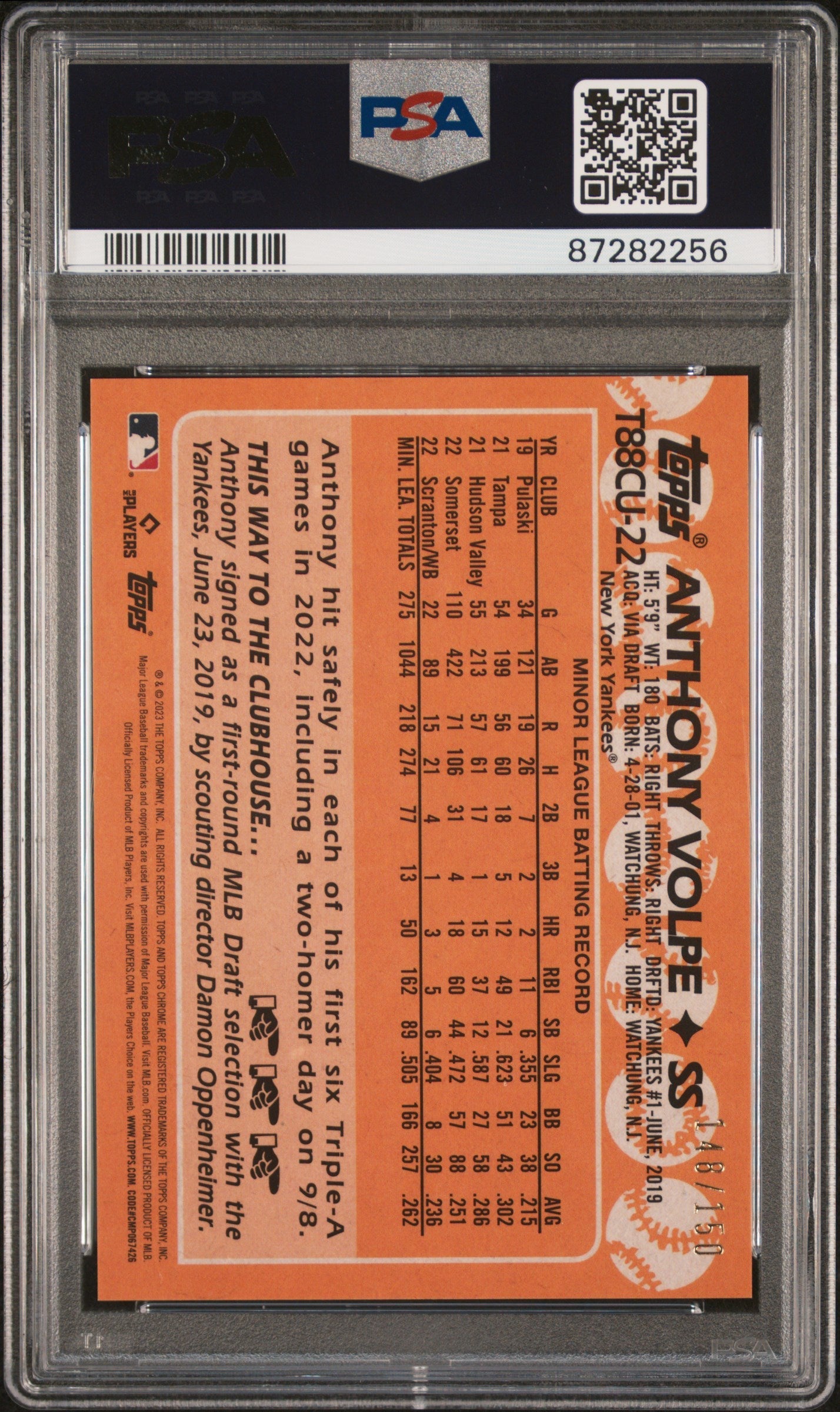 2023 Topps Silver Pack Chrome Anthony Volpe Update Blue Refractor PSA 10 /`150 - Graded Sports Cards