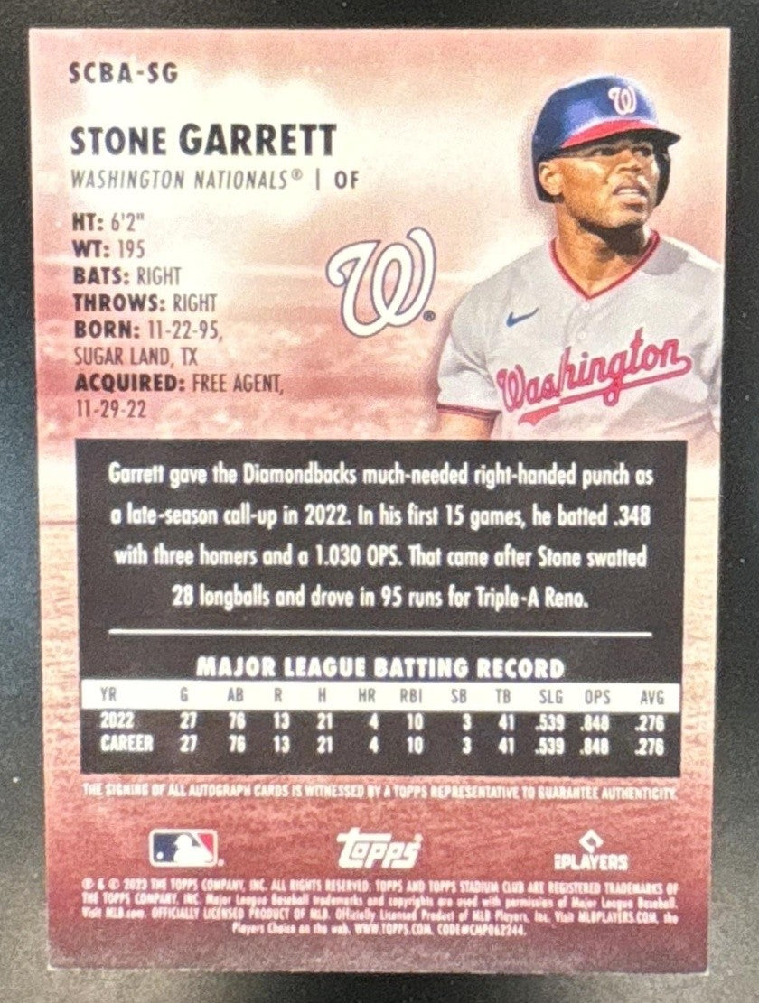 2023 Topps Stadium Club Stone Garrett Auto #SCBA-SG RC Washington Nationals - Sports Cards