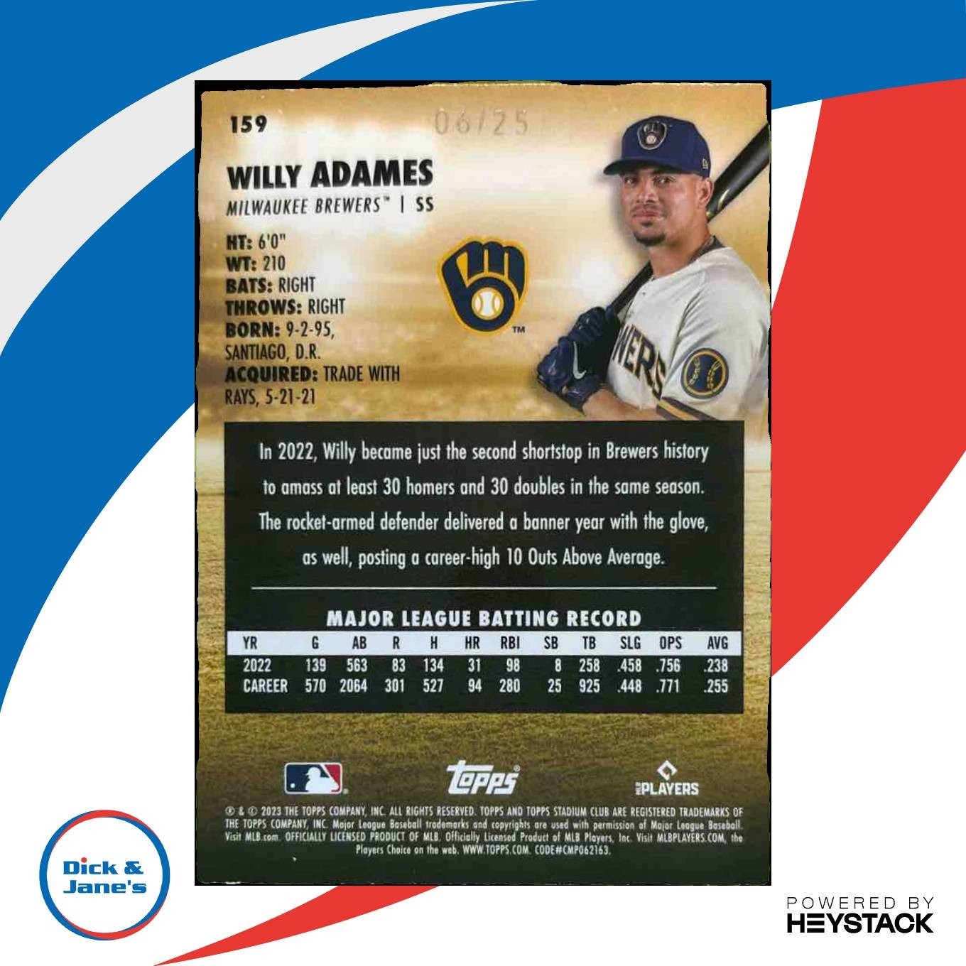 2023 Topps Stadium Club Willy Adames Rainbow Foilboard 6/25 #159 Brewers - Sports Cards