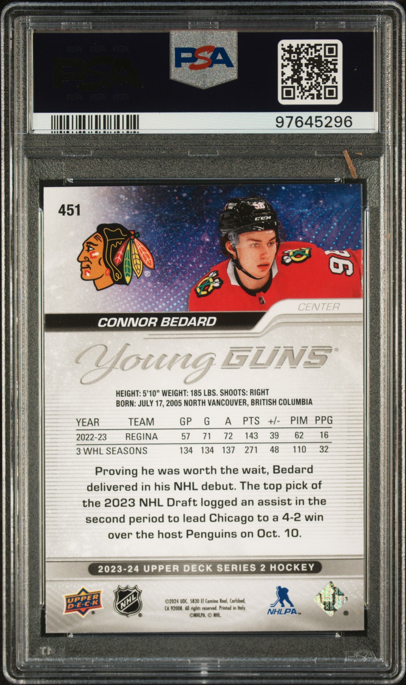 2023 Upper Deck Connor Bedard Short Print Rookie #451 PSA 9 Chicago Blackhawks - Graded Sports Cards
