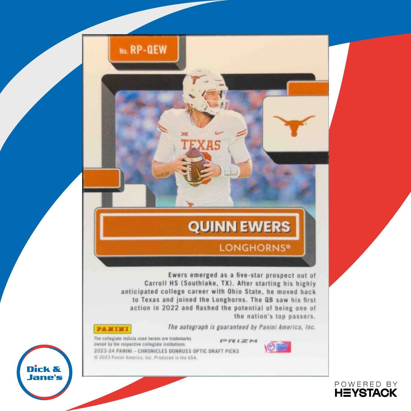 2023Chronicles Draft Picks Donruss Optic Rated Prospect Autographs Quinn Ewers - Sports Cards