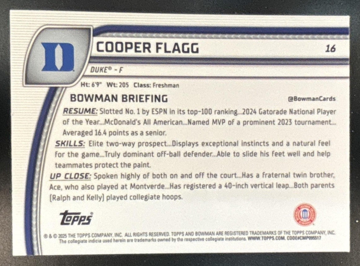 2024-25 Bowman Chrome University Cooper Flagg Black Wave #16 Duke Blue Devils - Sports Cards