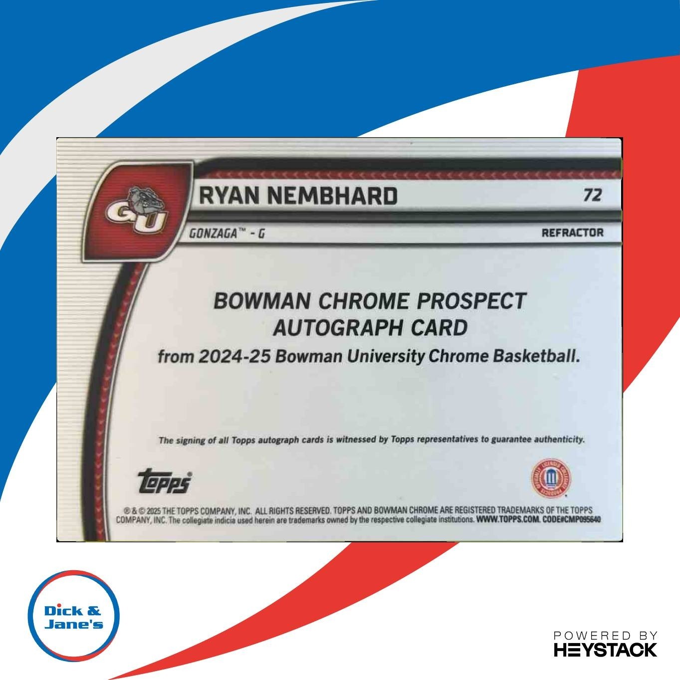 2024-25 Bowman University Chrome Ryan Nembhard Prospect Auto Refractor Bulldogs - Sports Cards