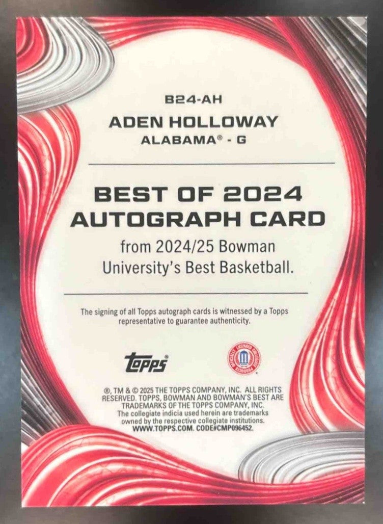2024-25 Bowman’s Best University Aden Holloway Best of 2024 Auto Gold /50 Auto - Sports Cards
