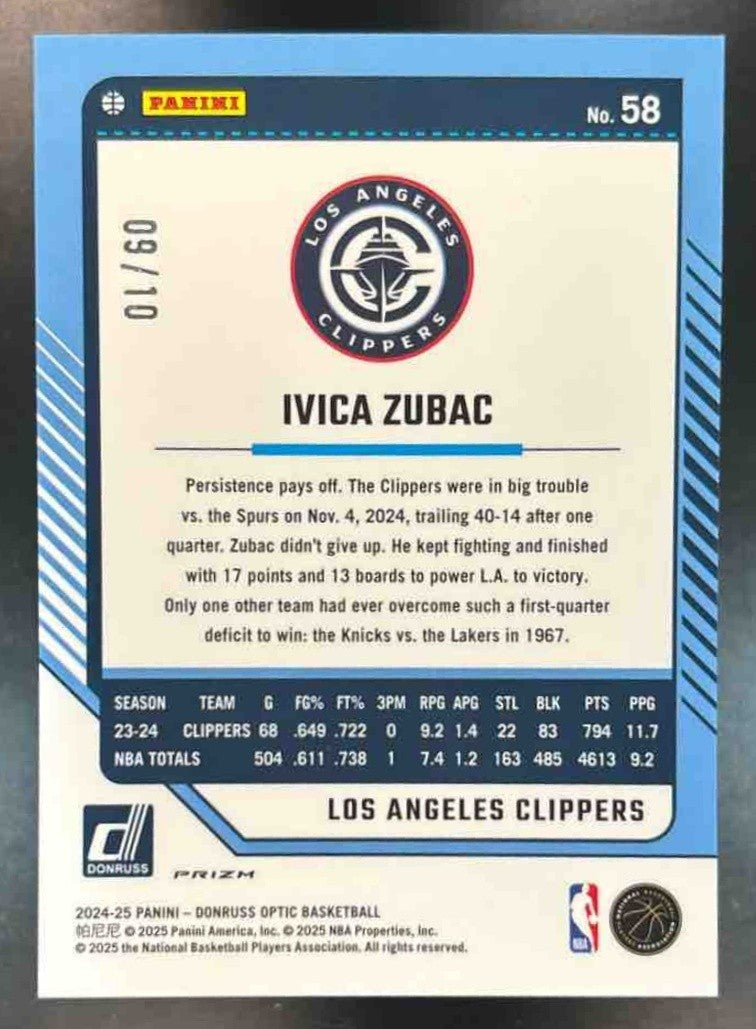 2024-25 Donruss Optic Ivica Zubac Gold International /10 #58 Los Angeles Clipper - Sports Cards