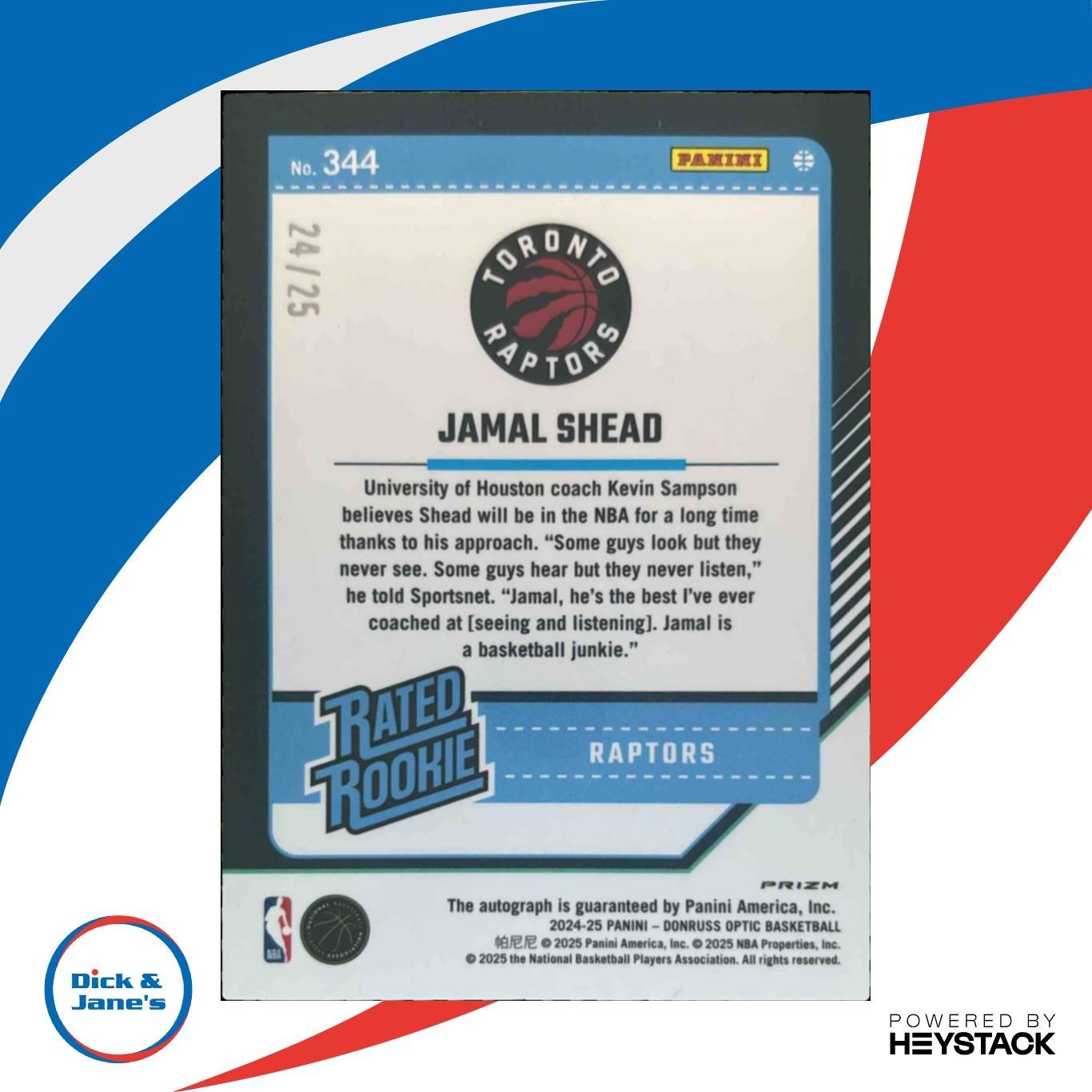 2024-25 Donruss Optic Jamal Shead Pink Auto /25 #344 RC Auto Toronto Raptors - Sports Cards