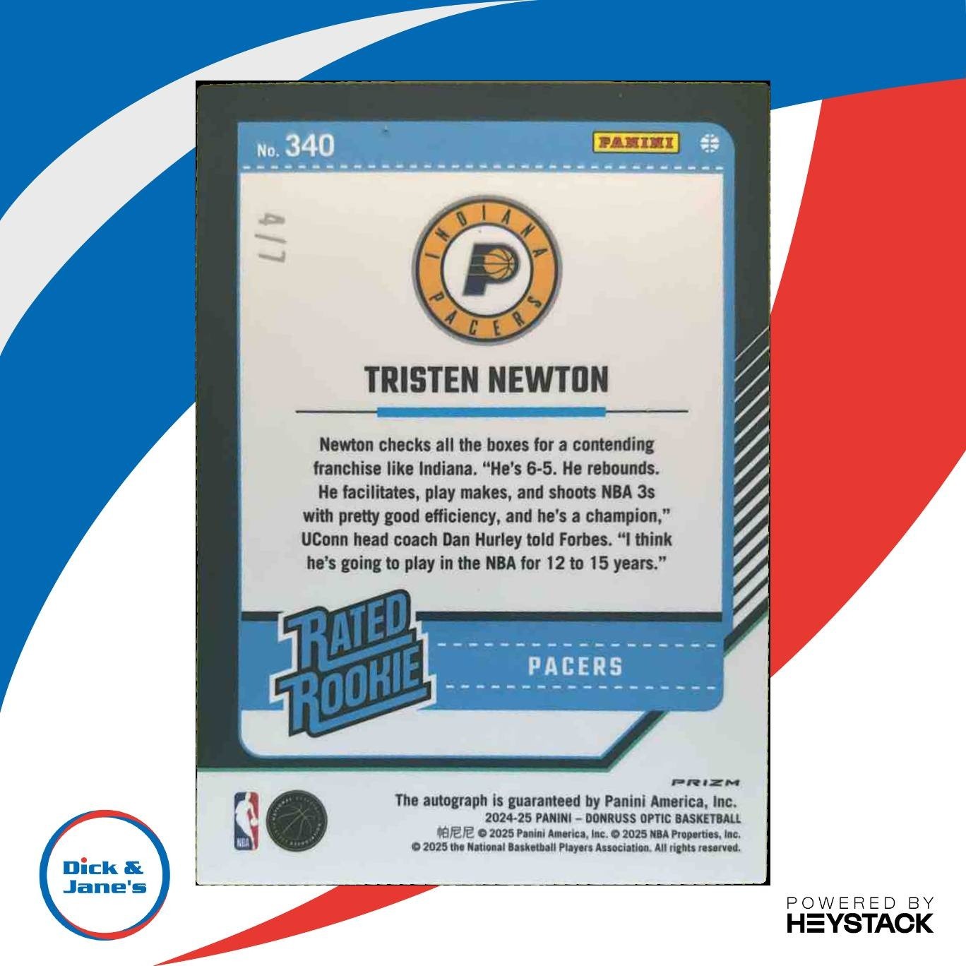 2024-25 Donruss Optic Tristen Newton Signatures Green FOTL /7 RC Auto Pacers - Sports Cards