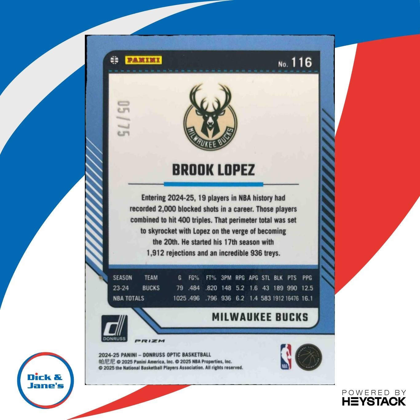 2024-25 Panini Donruss Optic Brook Lopez Fast Break Red /75 #116 Milwaukee Bucks - Sports Cards