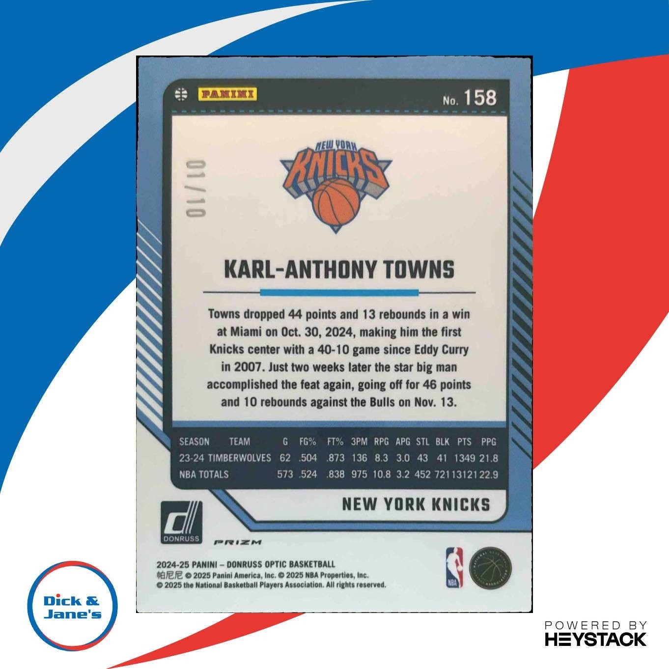 2024-25 Panini Donruss Optic Karl-Anthony Towns Gold 1/10 #158 New York Knicks - Sports Cards