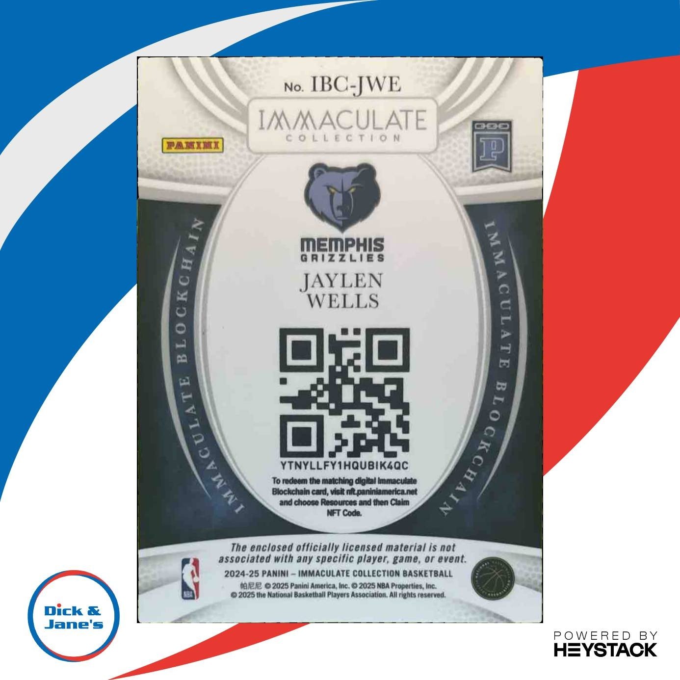 2024-25 Panini Immaculate Jaylen Wells Blockchain Patch /25 RC Memphis Grizzlies - Sports Cards