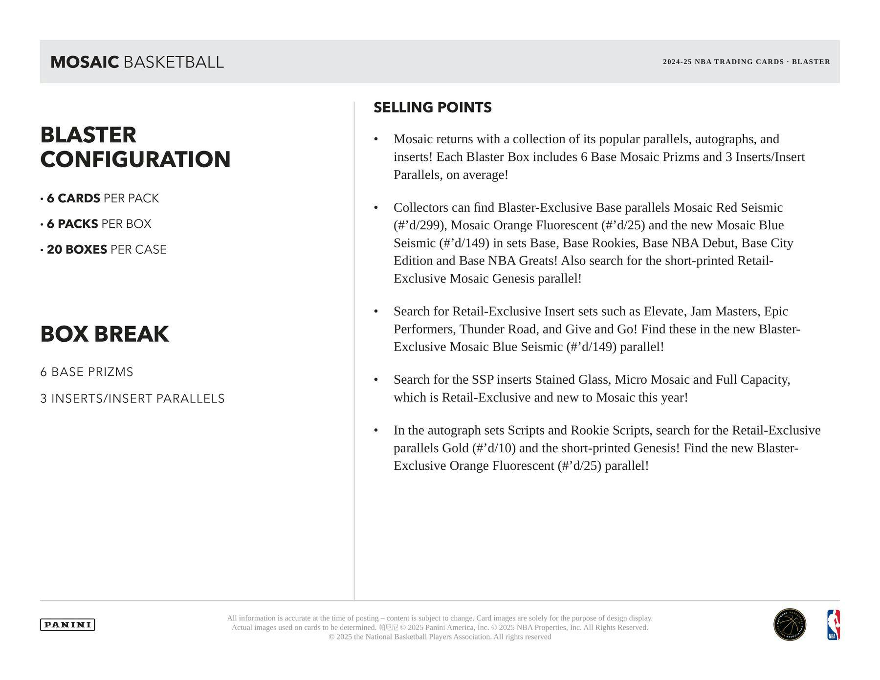 2024/25 Panini Mosaic Basketball 6-Pack Blaster Box - NBA Hobby Box