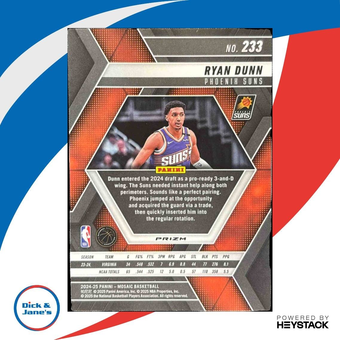 2024-25 Panini Mosaic Ryan Dunn Red Mosaic #233 RC Phoenix Suns - Sports Cards