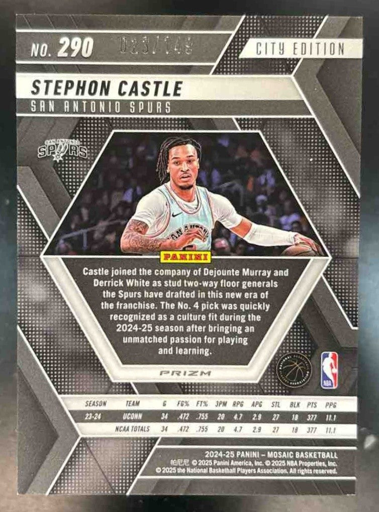 2024-25 Panini Mosaic Stephon Castle Blue Seismic /149 #290 City Edition Spurs - Sports Cards