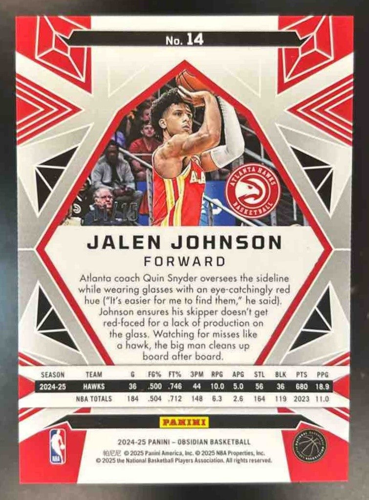 2024-25 Panini Obsidian Jalen Johnson (Hot Springs) /15 #14 Atlanta Hawks - Sports Cards