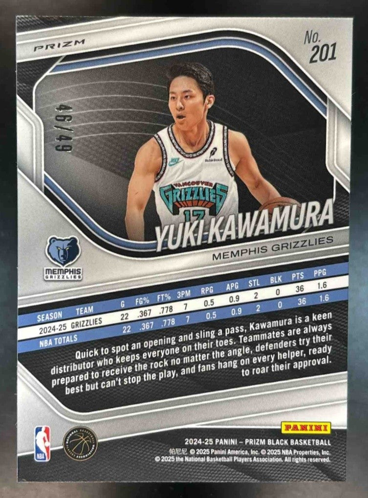 2024-25 Panini Prizm Black Yuki Kawamura Orange /49 #201 Memphis Grizzlies - Sports Cards