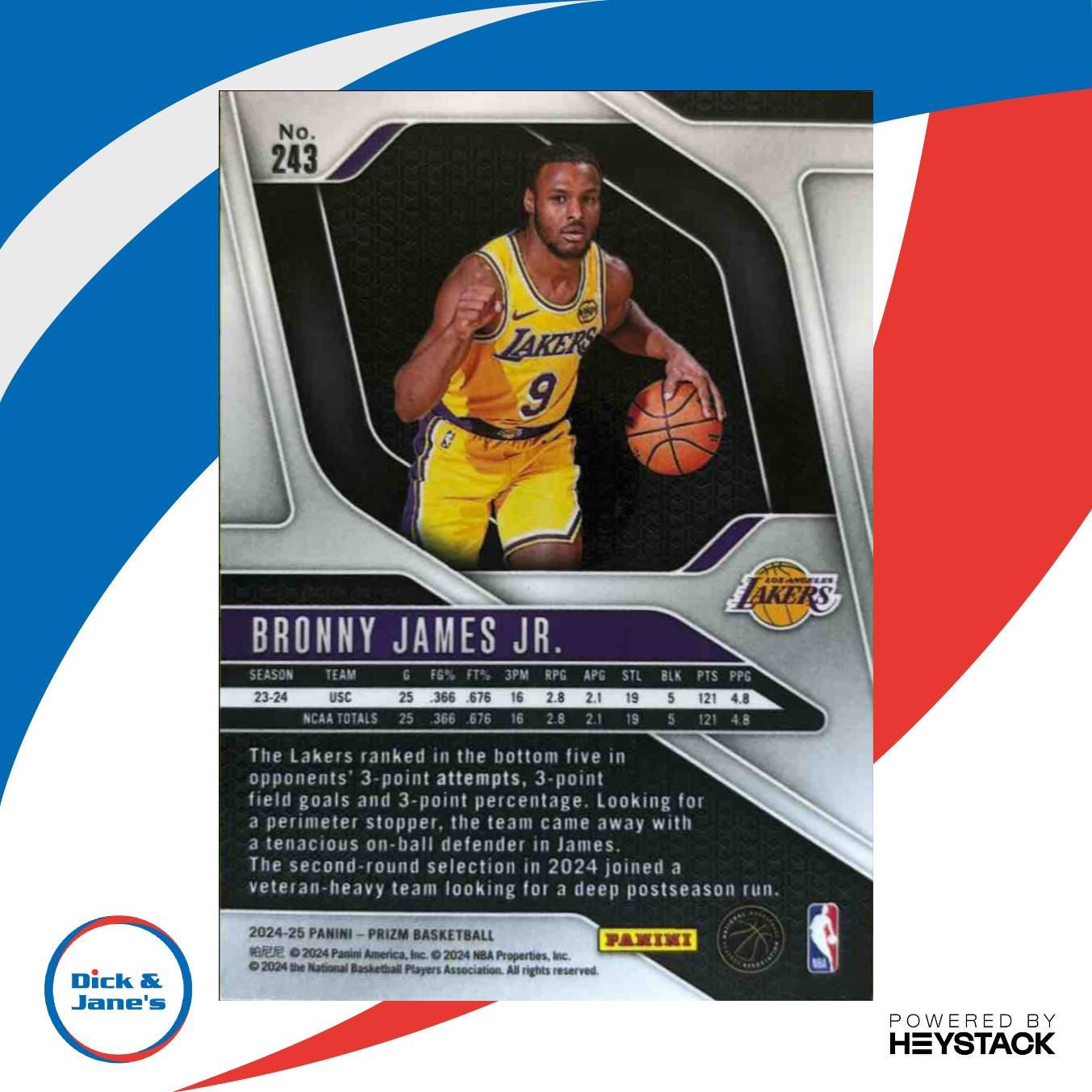 2024-25 Panini Prizm Bronny James Jr. #243 RC Los Angeles Lakers - Sports Cards