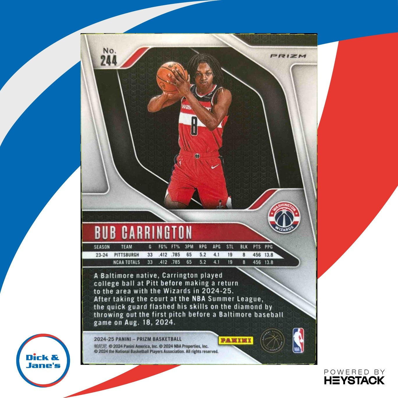 2024-25 Panini Prizm Bub Carrington Silver Holo #244 RC Washington Wizards - Sports Cards