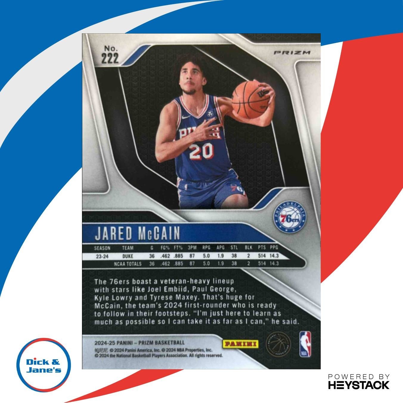 2024-25 Panini Prizm Jared McCain Hyper #222 RC Philadelphia 76ers - Sports Cards