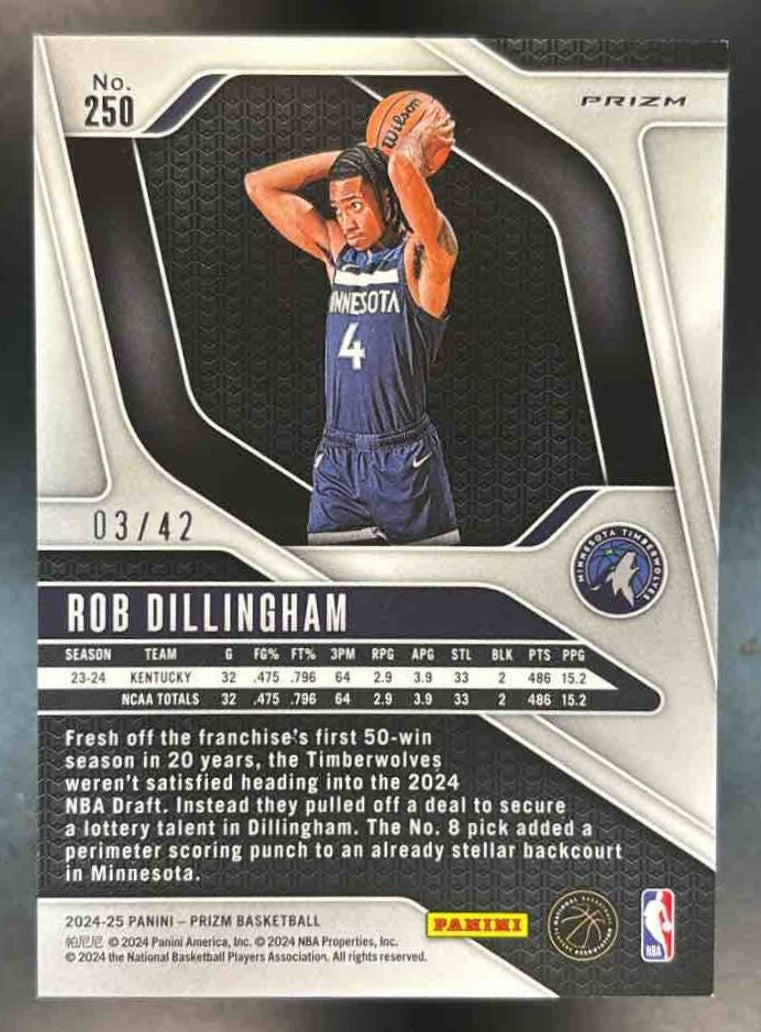 2024-25 Panini Prizm Rob Dillingham Pink Pulsar /42 #250 RC Timberwolves - Sports Cards