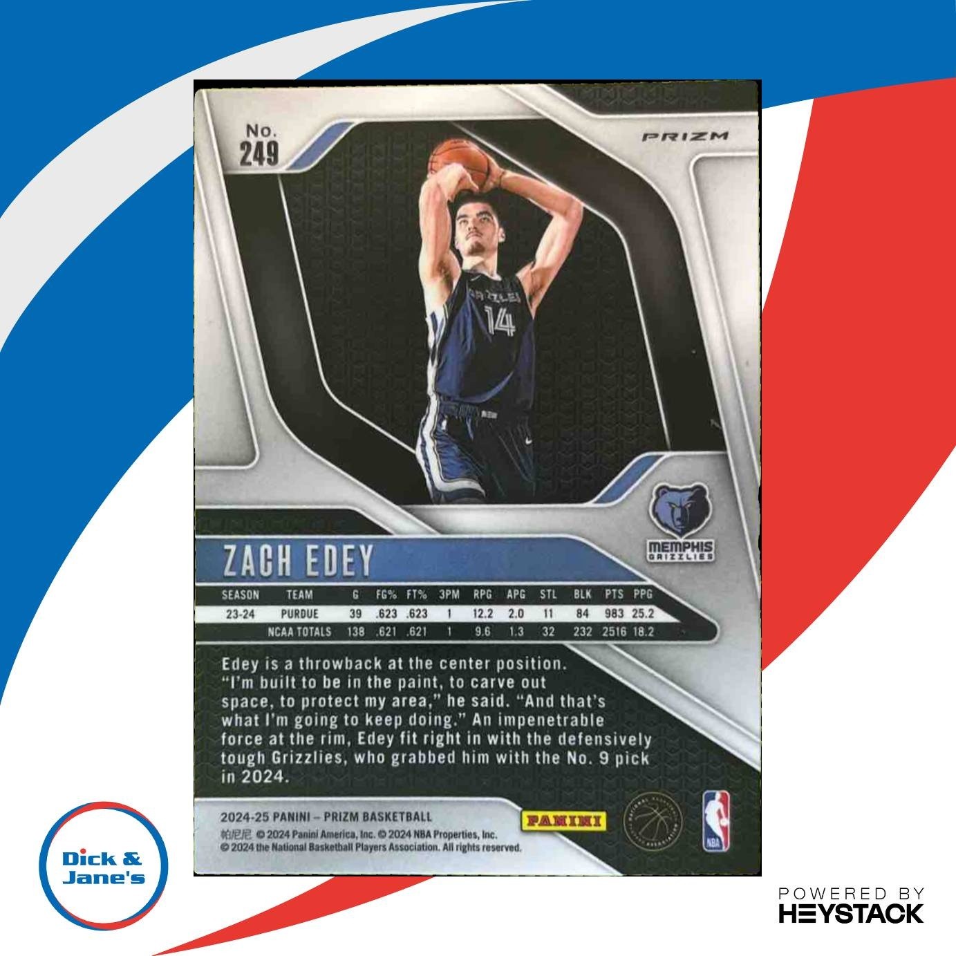 2024-25 Panini Prizm Zach Edey Ice #249 RC Memphis Grizzlies - Sports Cards