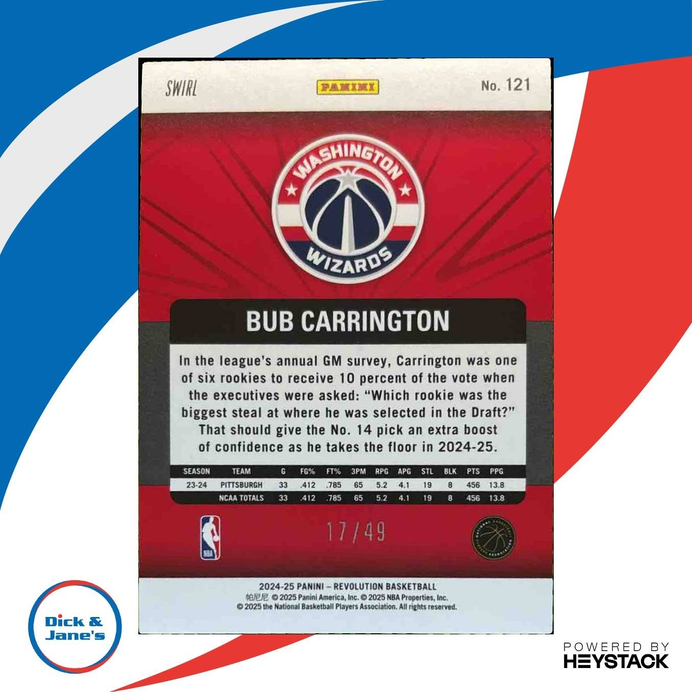 2024-25 Panini Revolution Bub Carrington Teal Swirl /49 #121 RC Wizards - Sports Cards