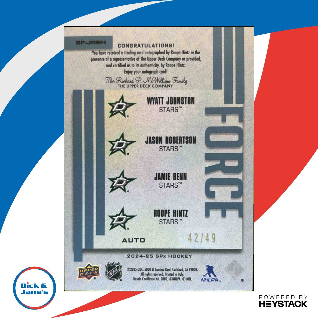 2024 25 Upper Deck SPx W Johnston J Robertson J Benn Roope Hintz Force Auto /49 Sports Cards