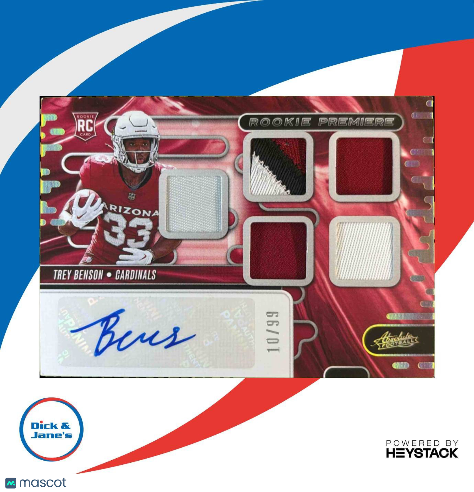 2024 Absolute Trey Benson Rookie Premiere Materials Autos Five /99 Cardinals - Sports Cards