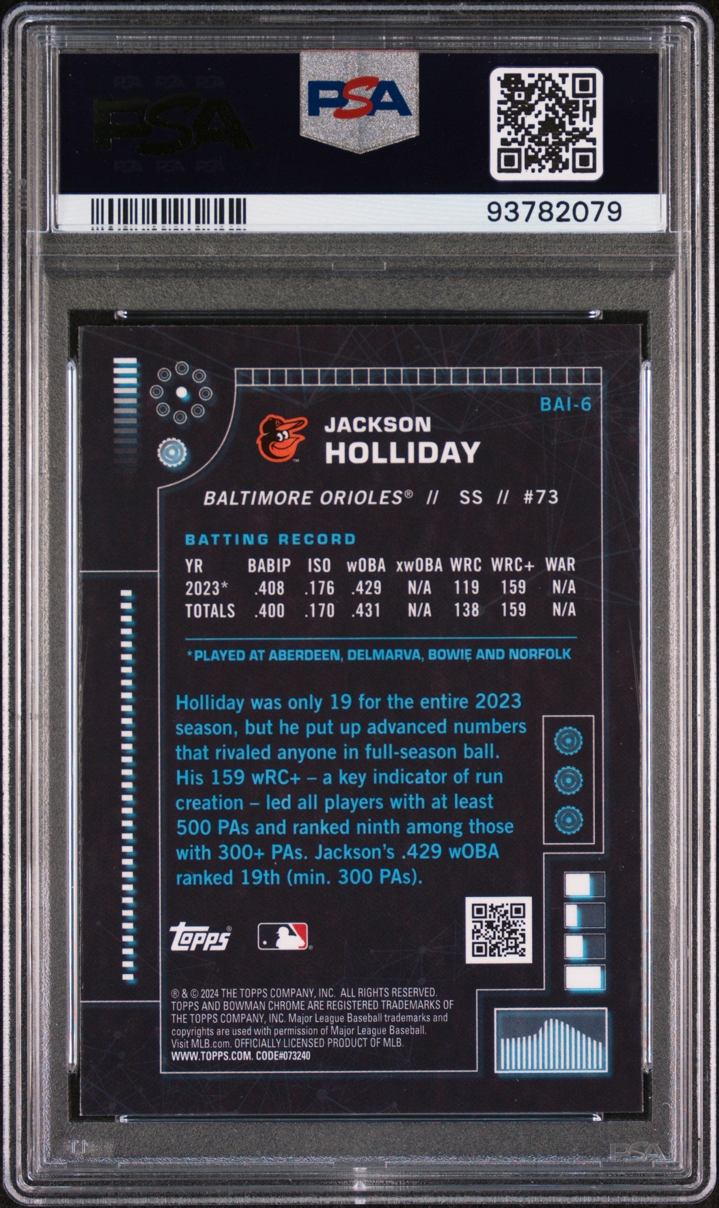 2024 Bowman Bowman Ai Jackson Holliday #BAI6 PSA 9 Baltimore Orioles - Graded Sports Cards