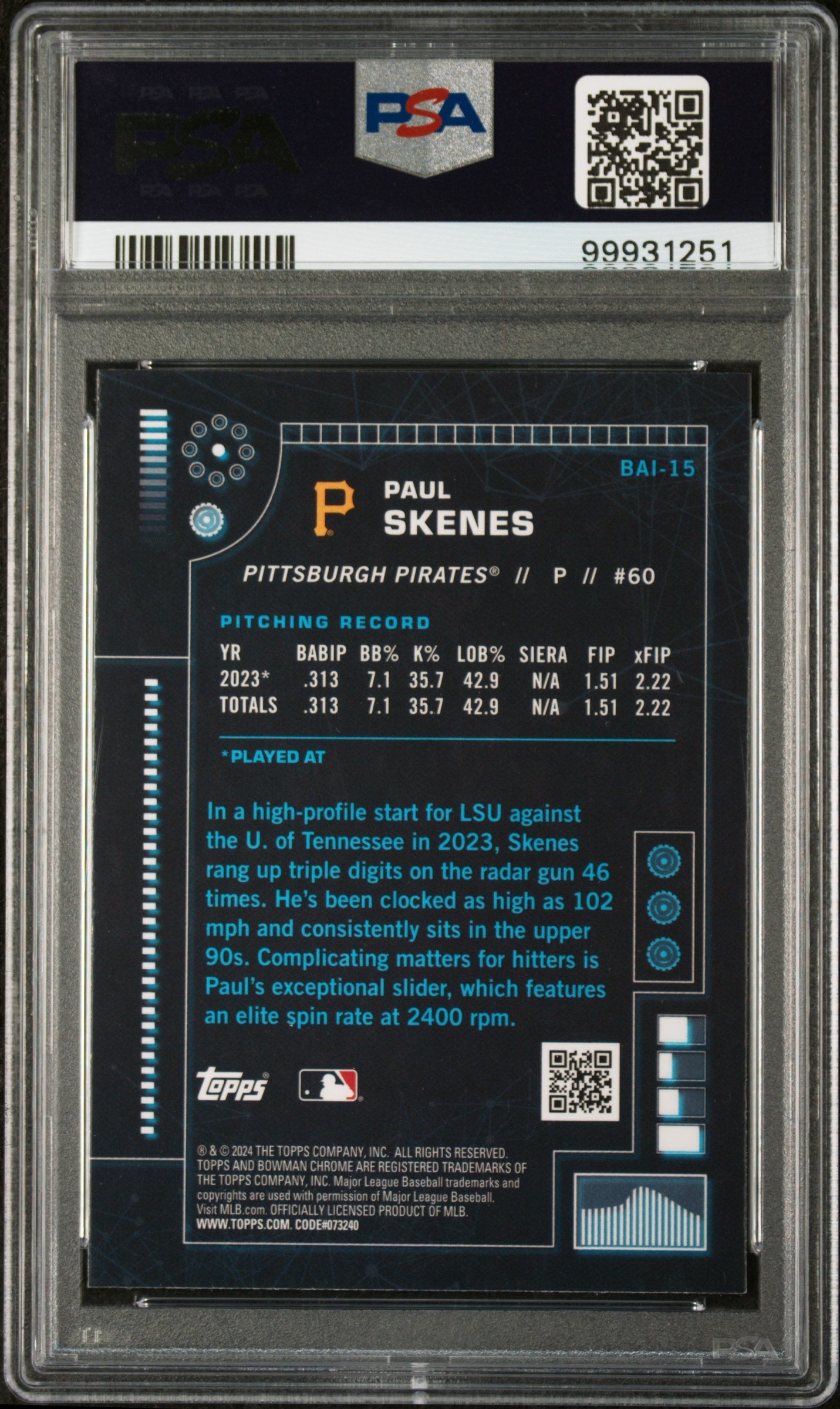 2024 Bowman Bowman Ai Paul Skenes #BAI15 PSA 10 GEM MINT Pittsburgh Pirates - Graded Sports Cards