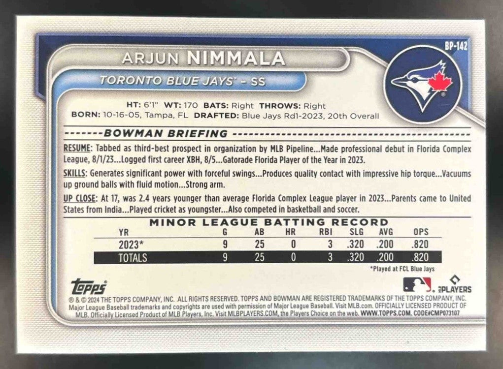 2024 Bowman Arjun Nimmala Blue Pattern /125 #BP-142 1st Prospect Toronto Jays - Sports Cards