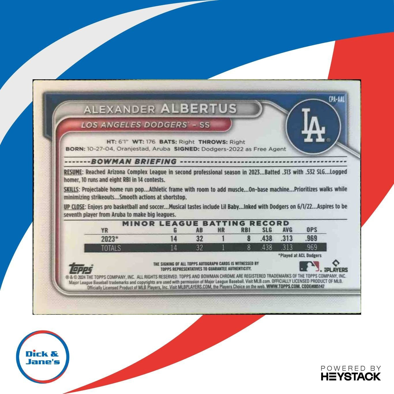 2024 Bowman Chrome Alexander Albertus Auto Purple /250 1st Prospect Dodgers - Sports Cards