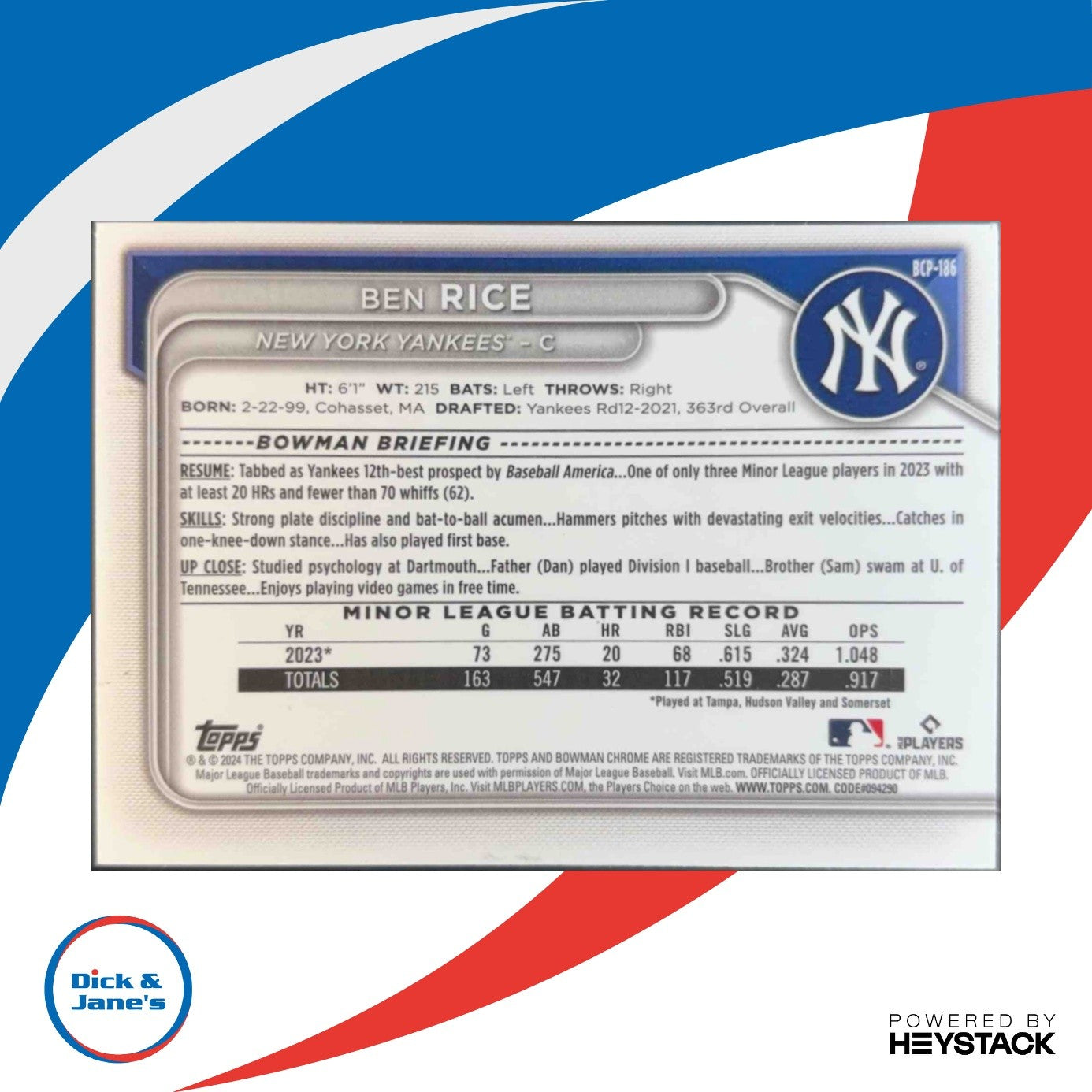 2024 Bowman Chrome Ben Rice Mega Box Aqua Mojo Refractor 99/299 1st Prospect - Sports Cards