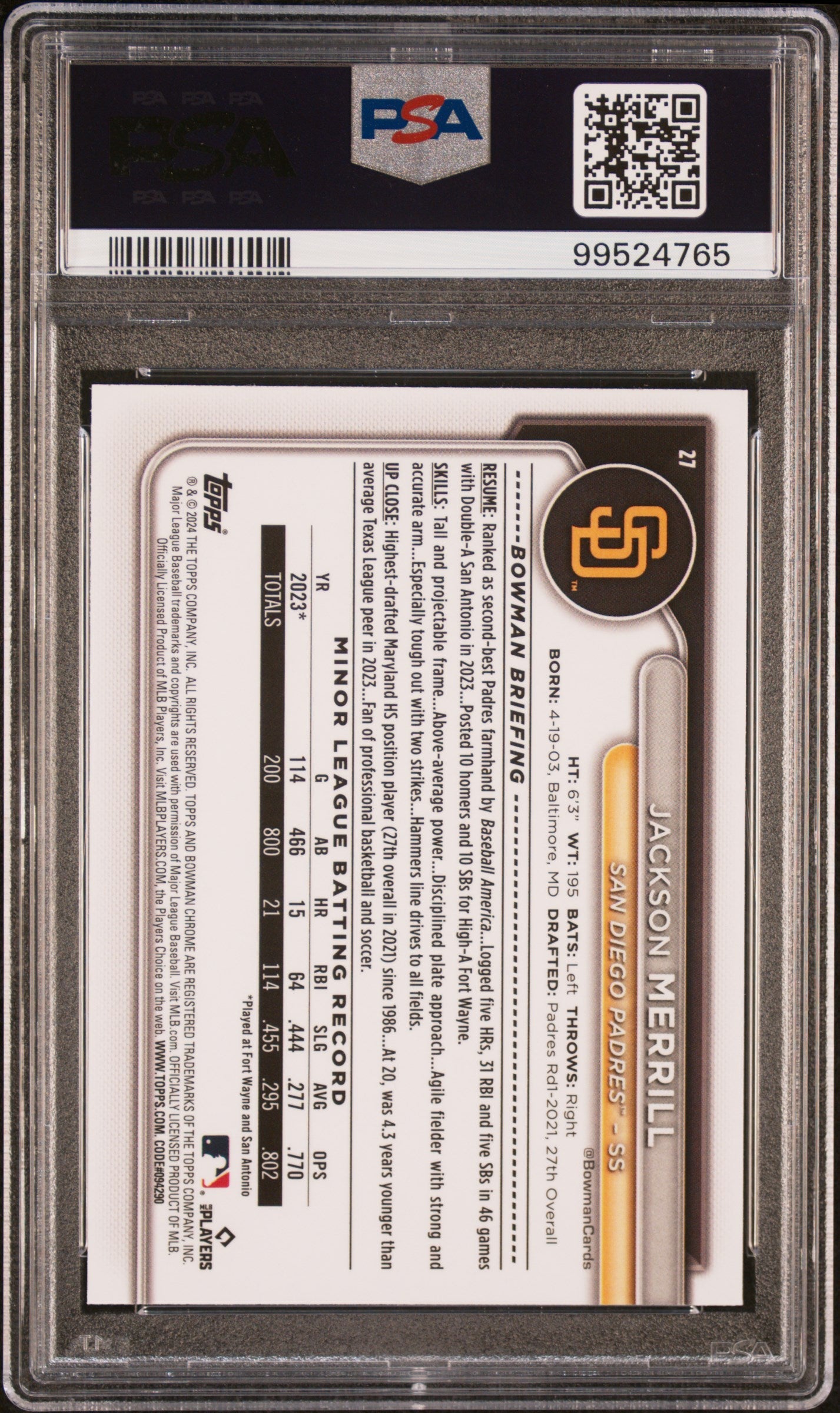 2024 Bowman Chrome Mega Box Jackson Merrill #27 PSA 10 - Graded Sports Cards