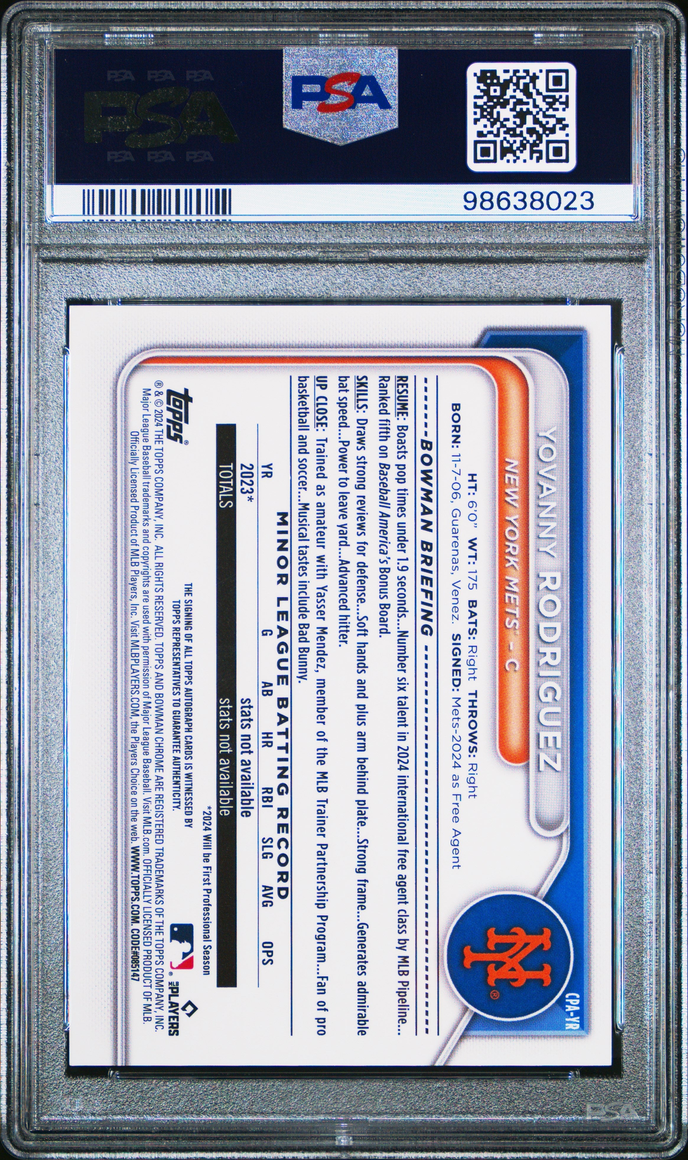 2024 Bowman Chrome Prospect Autographs Yovanny Rodriguez Yellow Ref /75 PSA 9 - Graded Sports Cards